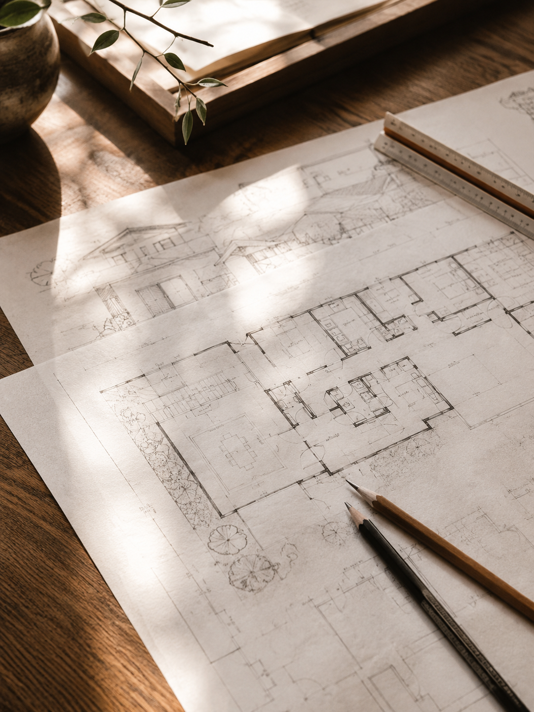 Macoyosh Drafting — architectural blueprints on walnut desk